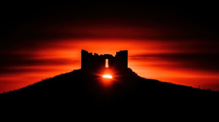 Obraz premium A crumbling castle silhouette positioned before a brilliant red sunset