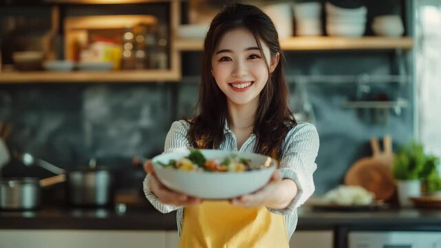 Young woman offering a bowl of fresh food with a smile.