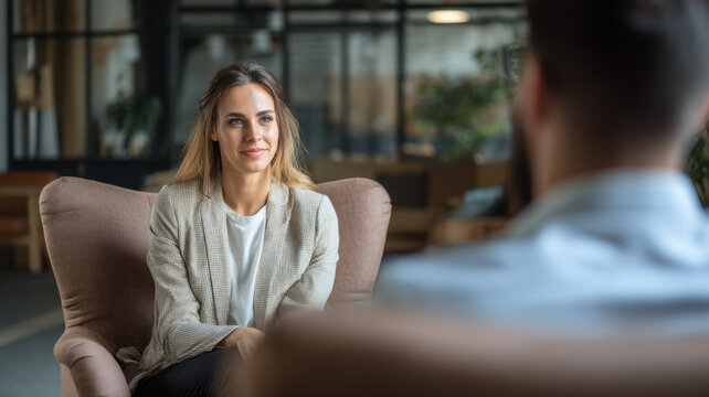 A detailed illustration of focused counseling session between two people, ideal for creative, commercial, or editorial purposes.