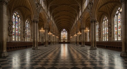 Obraz premium Interior view of a grand hall with stained glass windows