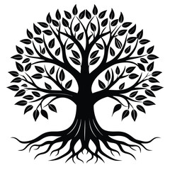 Obraz premium Silhouette Tree with Leaves and Roots, Black and White Isolated Illustration, Simple Shape