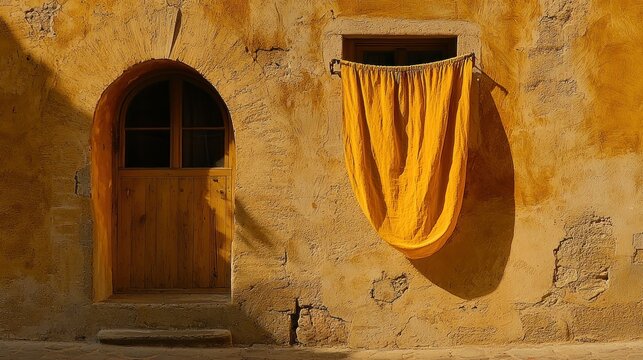 A yellow cloth hangs near an arched wooden door and window