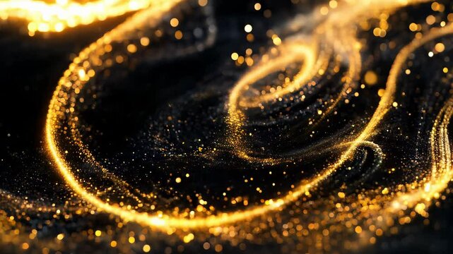 Golden light waves flowing in the dark, a mesmerizing abstract energy motion background.