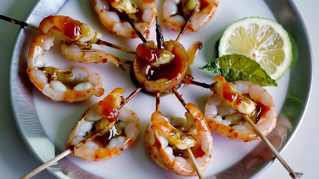 Artistic shrimp platter with sauce, a creative seafood presentation for fine dining.