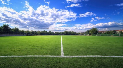 Obraz premium Sunny day at soccer field, green grass, blue sky, sports background, perfect for website