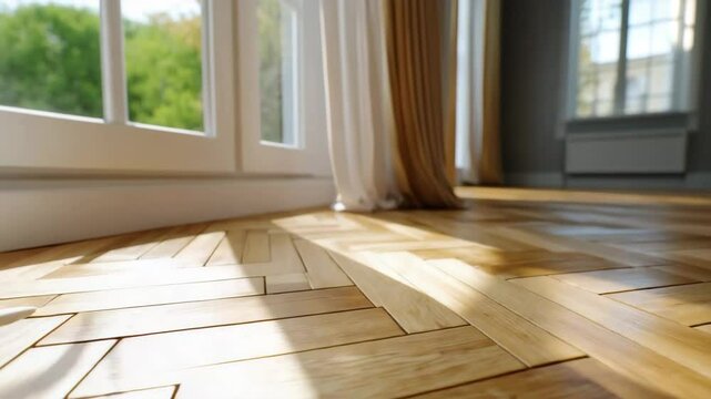 Bright sunlight filters through large windows, illuminating elegant wooden floor with herringbone pattern.