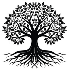 Obraz premium Silhouette Tree With Leaves And Roots, Branching Tree Outline, Minimalist Elegant