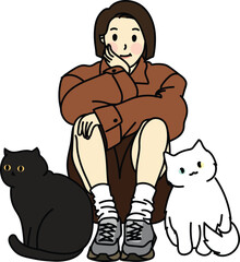 Shirt hair lady with Pet, Cat person, Cool pet and owner, Me and my kitten, black cat and white cat, cute animal, cute lady