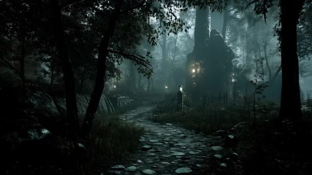 Mysterious dark forest path with glowing lanterns, an eerie nighttime scene.