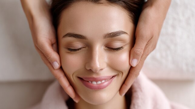 A charming woman revels in a soothing face massage, her radiant smile reflecting pure relaxation. Soft hands gently manipulate her skin, inducing tranquility in a serene spa environment