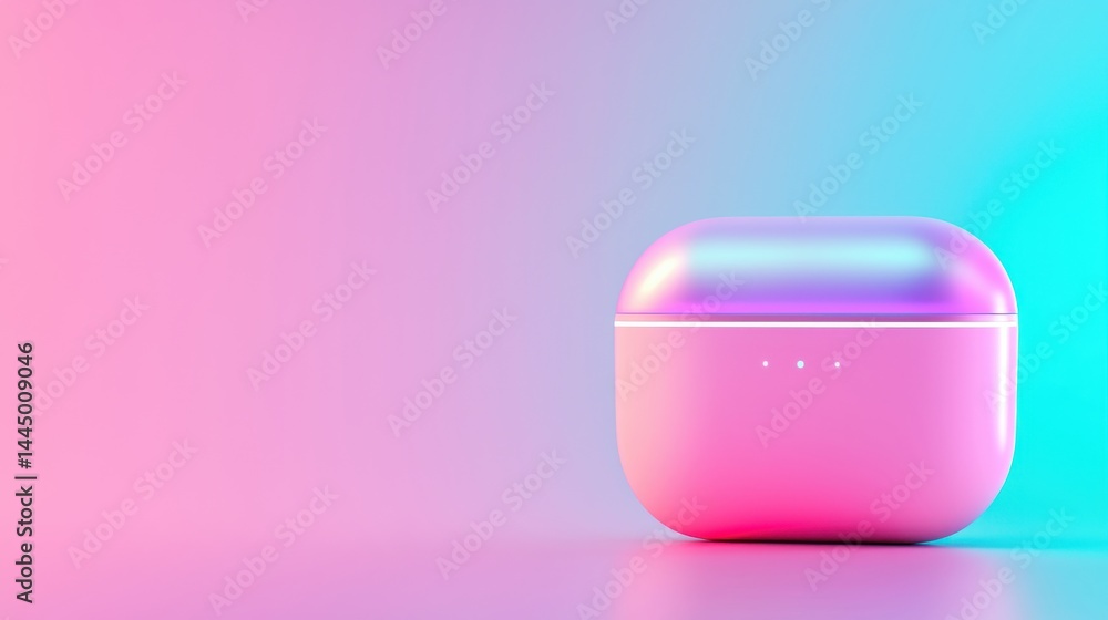 Poster minimalist design of a futuristic wireless earbud case with soft gradient background