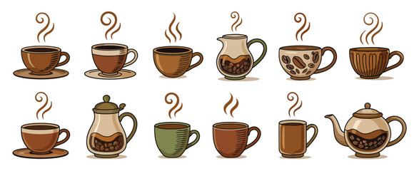 Assortment of Coffee Cups Mugs and Pots with Steam
