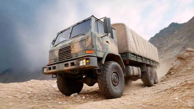 Military truck transport on rugged terrain, showcasing off road capabilities and camouflage design for challenging environments.