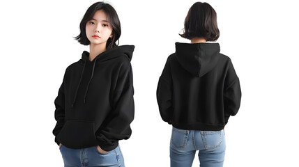 Mockup Beautiful Young Girl Short Hair China Model Black Hoodie Jeans PNG