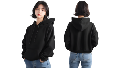 Mockup Beautiful Young Girl Short Hair China Model Black Hoodie Jeans PNG