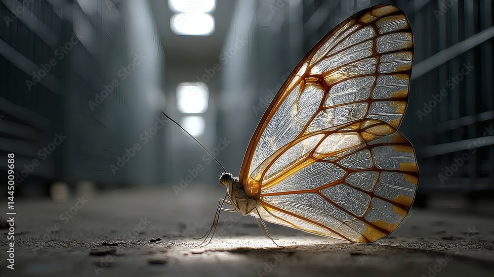 Poster beautiful transparent butterfly with intricate wing patterns in light