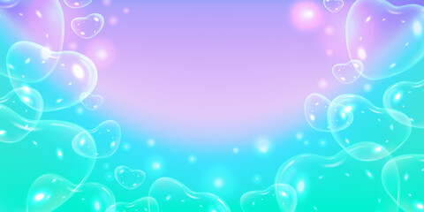 3D soap bubbles heart shape on purple green gradient, vector abstract background, transparent foam drops with glares