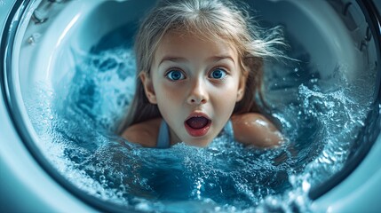 Girl surprised yacht in the washing machine (creative concept)