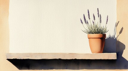 A watercolor painting depicting a potted lavender plant in sunlight