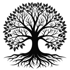Obraz premium Silhouette Tree with Roots and Leaves, Isolated Black on White