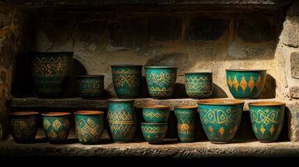Fototapeta premium Assortment of Decorative Pots Displayed on a Stone Ledge