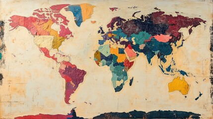 Artistic rendition of the world map with textured surface and vibrant colors