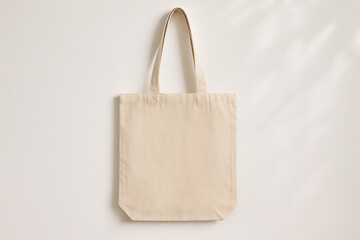 Blank beige cotton tote bag hanging on light wall. Eco-friendly reusable shopping bag mockup with copy space
