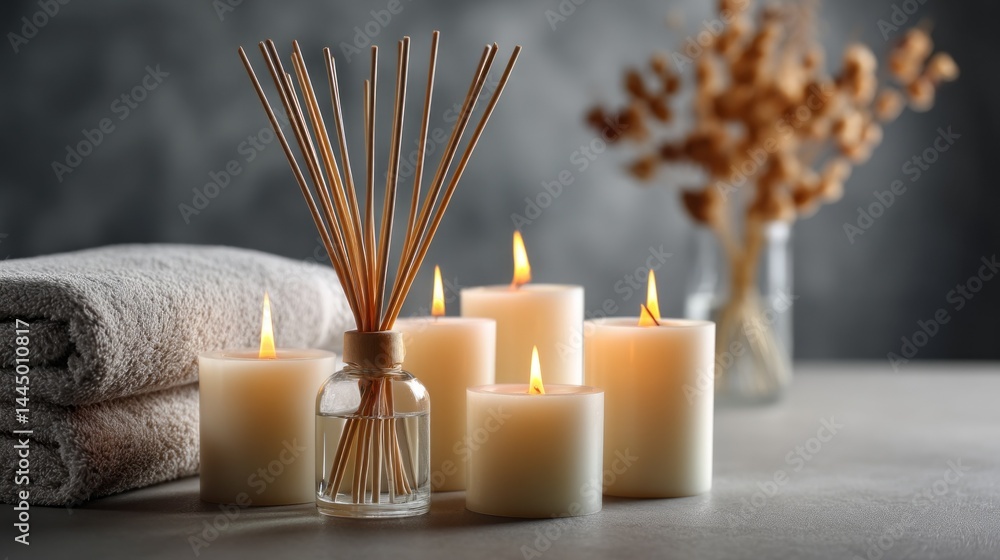 Poster Soft, warm light flickers from multiple burning candles, surrounded by soft towels and aromatic reed diffusers, creating a tranquil atmosphere perfect for unwinding and mindfulness