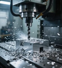 Drill bit drilling metal with sparks and shavings