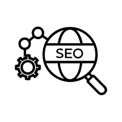 Vector icon of magnifying glass over globe with SEO text, gears and graphs - SEO, analytics, growth