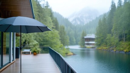 Umbrella on Deck Lakeside View Serene Minimalist Style Natural Soft Lighting Wide Angle Shot Wooden Decking Relaxation Rainy Mountainside Cool Bluescape Ideal for Travel Brochures