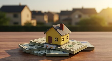 Yellow Model House on Stack of Money against Blurred Suburban Homes Background