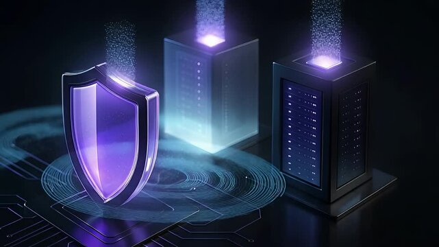 Cybersecurity Shield with Digital Data Servers and Glowing Streams for Secure Cloud Storage and Information Protection

