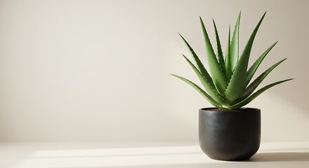Aloe Vera Plant in Dark Pot Against Beige Background