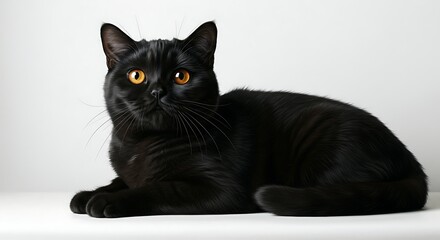 Black British Shorthair Cat with Orange Eyes on White Background