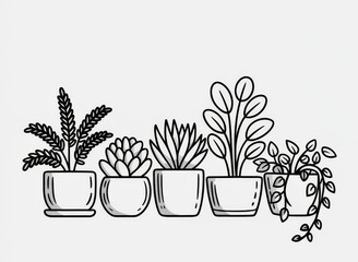 Assorted Potted Plants Line Art on White Backdrop for Creative Projects