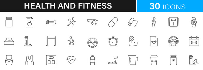 Health and Fitness icon pack | Detailed Outline | Editable Stoke 60 icon | Victor illustrator.