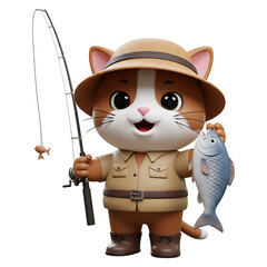 Cute Cartoon Cat in Safari Outfit Fishing