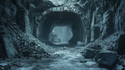 Fototapeta premium Ruined entrance of an abandoned mine with a destroyed inner structure. 3D concept art visualization. 
