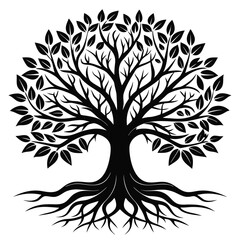 Obraz premium Stylized Black Tree Silhouette with Branches, Leaves and Roots on White Background