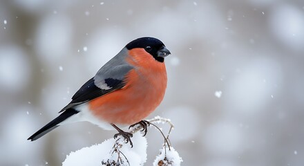 Red Bullfinch Perched on Snow Covered Branch in Winter