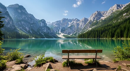 Serene Alpine Lake Landscape with Wooden Bench