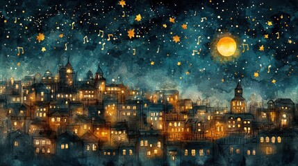 Whimsical Cityscape at Night Filled with Twinkling Stars and a Glowing Moon
