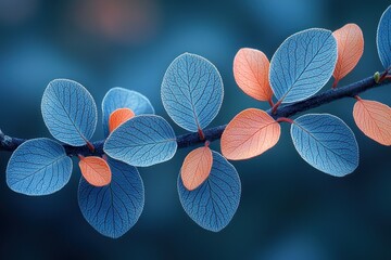 Close-up of a branch with delicate, teal and coral leaves against a blurred background.  Intricate leaf veins are visible