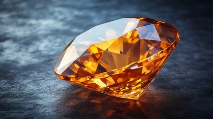 Sparkling amber gemstone, brilliant cut, rests on dark surface