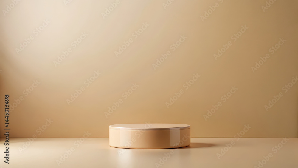 Poster smooth, round container sits on soft beige backdrop, creating serene and minimalistic atmosphere