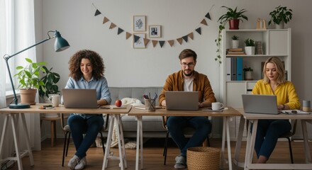 Home Office Harmony: Three Individuals Working Independently at Shared Desks in Bright, Decorated Room.