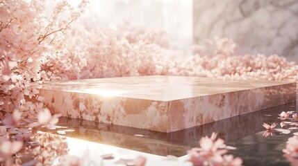 Pink Cherry Blossoms Surround Marble Platform in Water