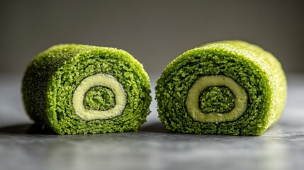 matcha roll cake cut in half Photography white back background