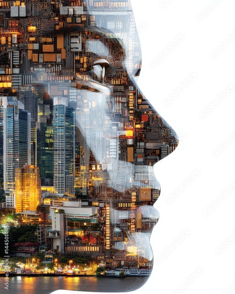 Poster double exposure of student silhouette with urban architecture and cityscape elements captured in mod